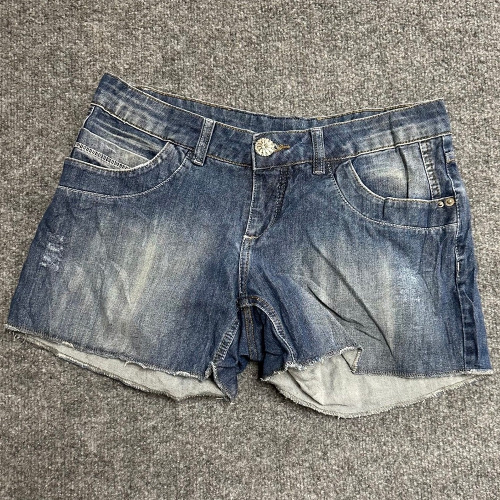 Unbranded Denim Shorts Womens Size 28 Blue Raw Hem Embroidered Pocket Y2K Casual